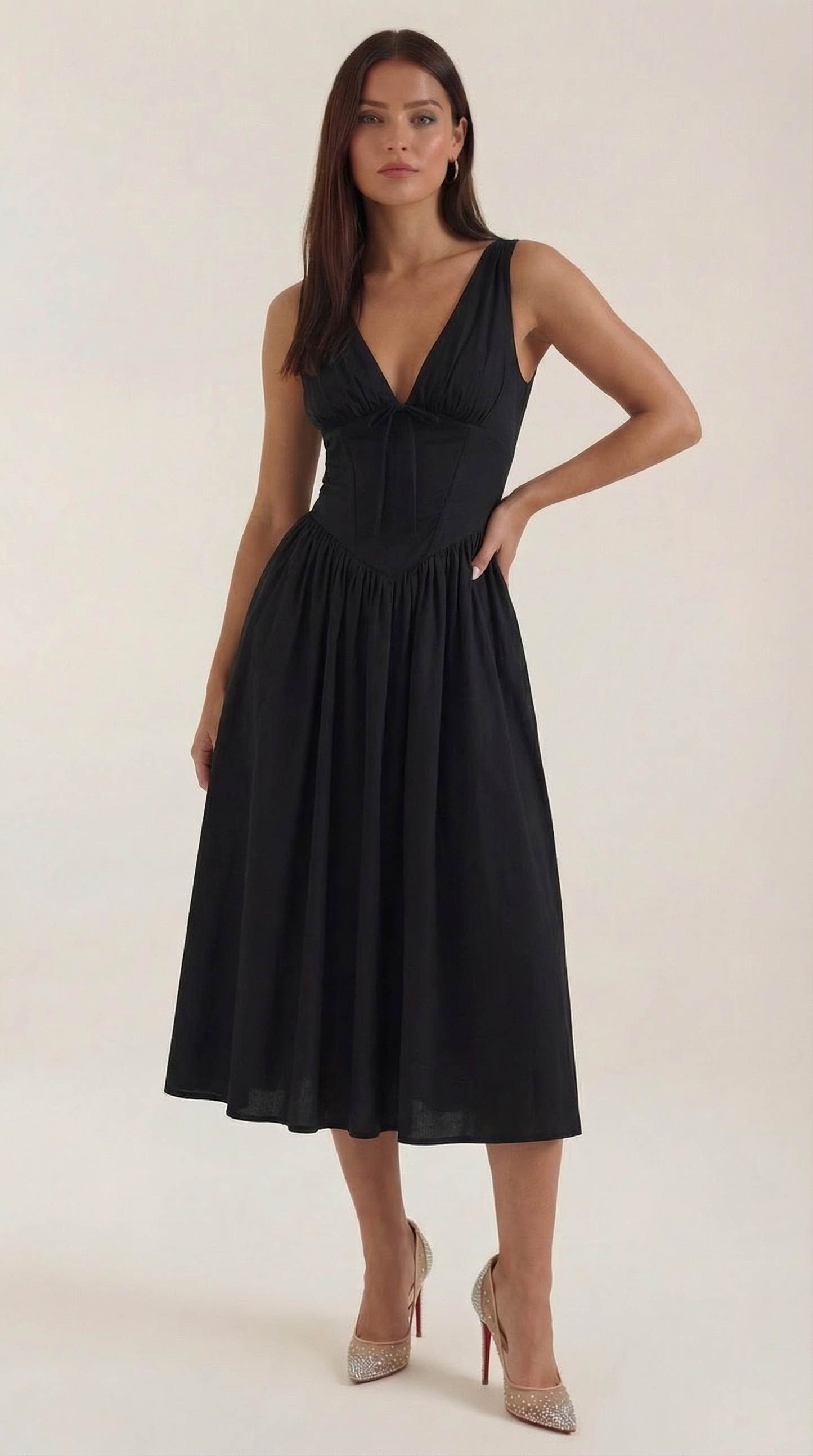 Robe Midi Élégante Femme – Décolleté en V Style Corset Évasé à Bretelles
