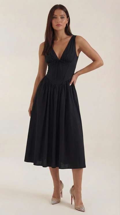 Robe Midi Élégante Femme – Décolleté en V Style Corset Évasé à Bretelles