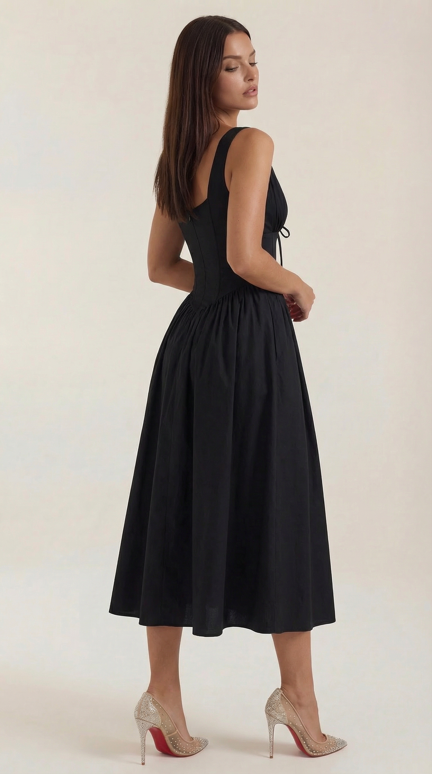 Robe Midi Élégante Femme – Décolleté en V Style Corset Évasé à Bretelles