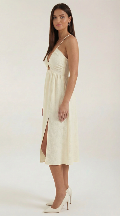 Robe Midi Élégante Femme – Découpe Avec Fente Haute Beige Fluide