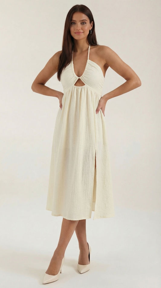 Elegant Mid-Length Dress for Women – Cutout with High Slit, Flowing Beige