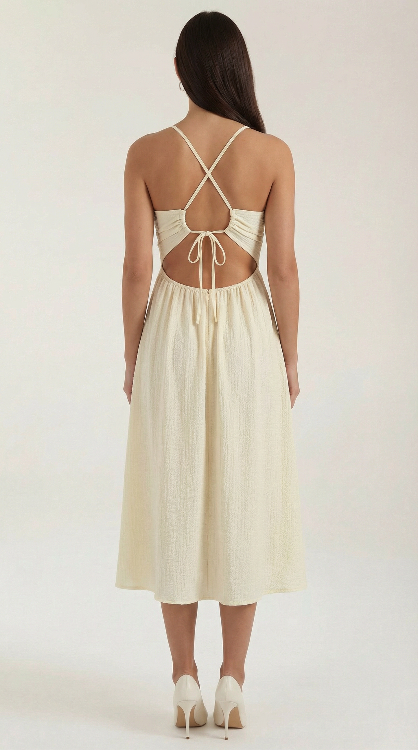 Robe Midi Élégante Femme – Découpe Avec Fente Haute Beige Fluide