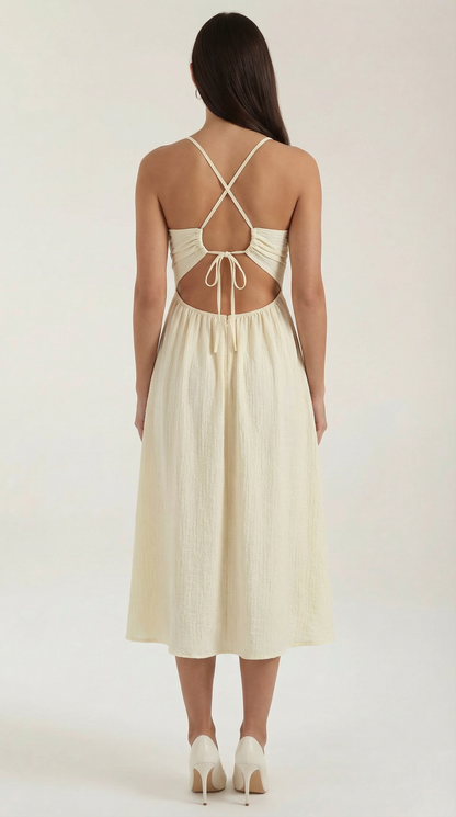 Robe Midi Élégante Femme – Découpe Avec Fente Haute Beige Fluide