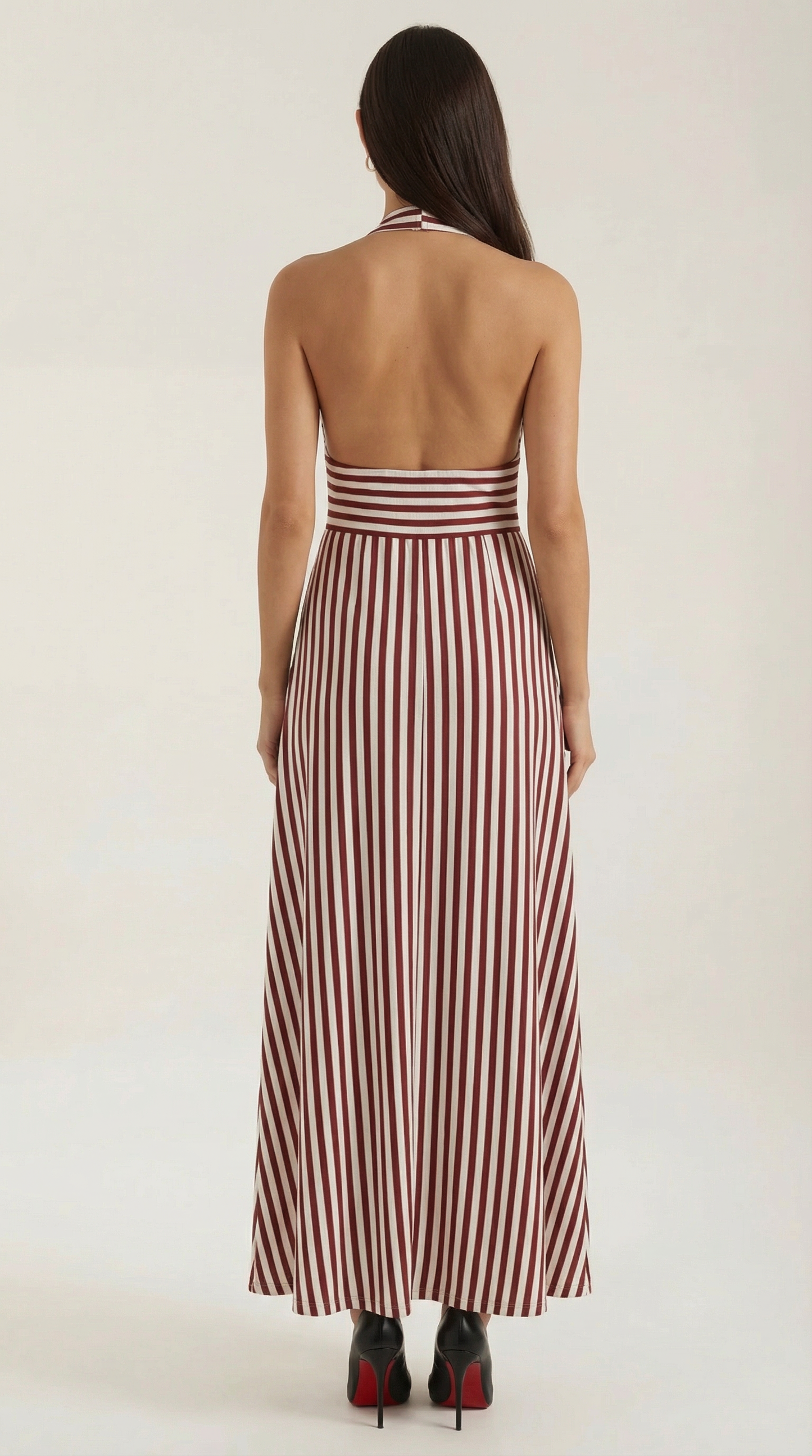 Robe Maxi Rayée Élégante Femme – Dos Nu Col V Halter