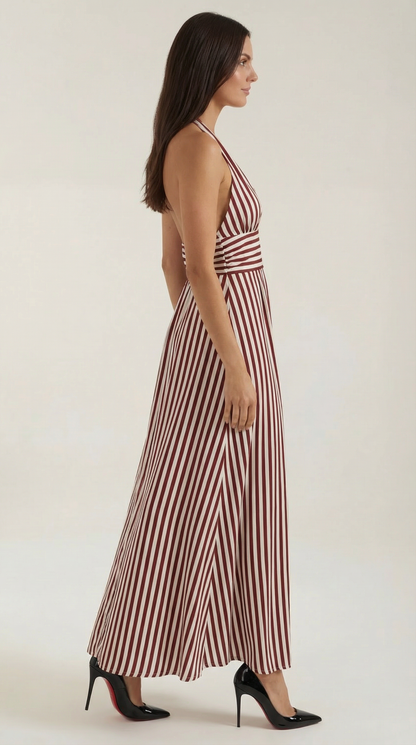 Robe Maxi Rayée Élégante Femme – Dos Nu Col V Halter