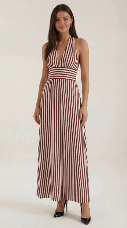 Robe Maxi Rayée Élégante Femme – Dos Nu Col V Halter