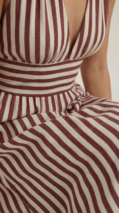 Robe Maxi Rayée Élégante Femme – Dos Nu Col V Halter