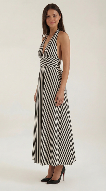Robe Maxi Rayée Élégante Femme – Dos Nu Col V Halter