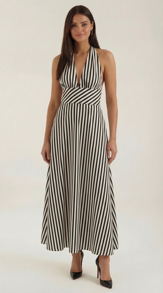 Elegant Striped Long Dress for Women – Open Back V-Neck Halter