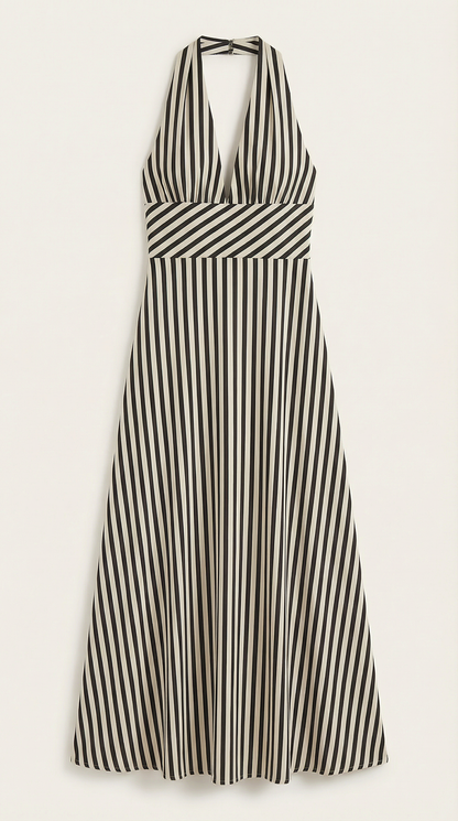 Robe Maxi Rayée Élégante Femme – Dos Nu Col V Halter