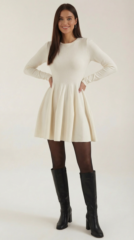 Elegant Pleated Short Dress for Women – Long Sleeves Round Neck