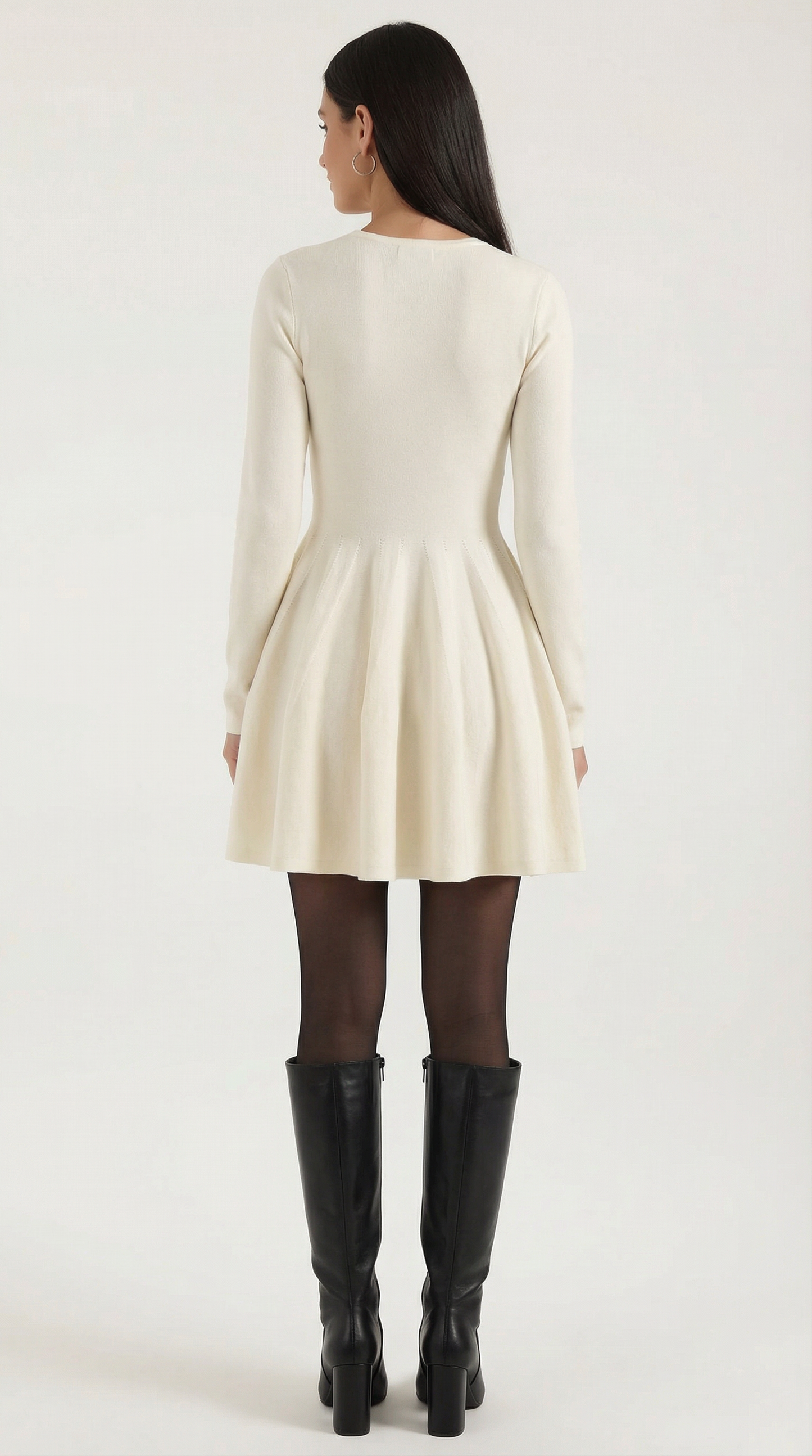 Robe Mini Élégante Plissée Femme – Manches Longues Col Rond