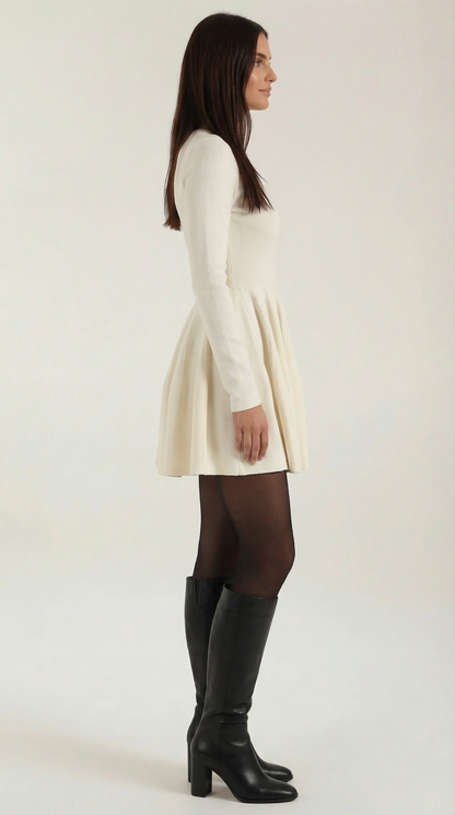 Robe Mini Élégante Plissée Femme – Manches Longues Col Rond