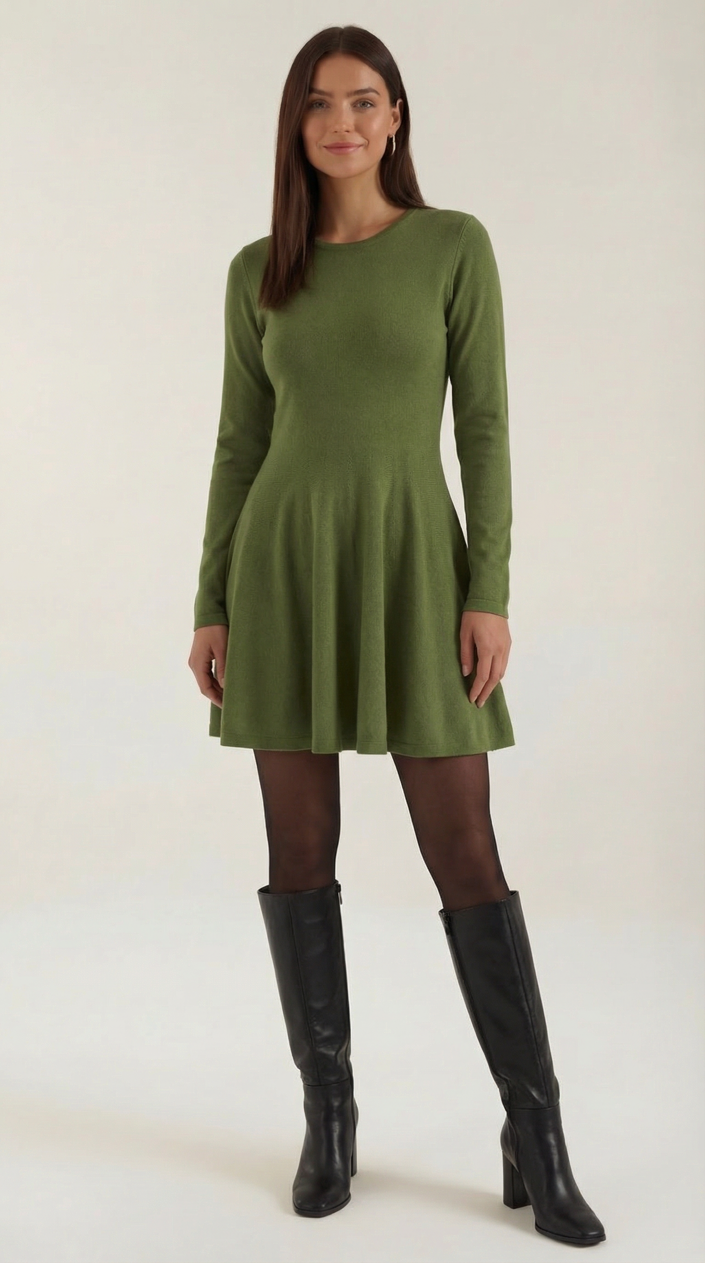 Robe Mini Élégante Plissée Femme – Manches Longues Col Rond