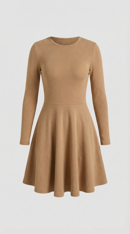 Robe Mini Élégante Plissée Femme – Manches Longues Col Rond