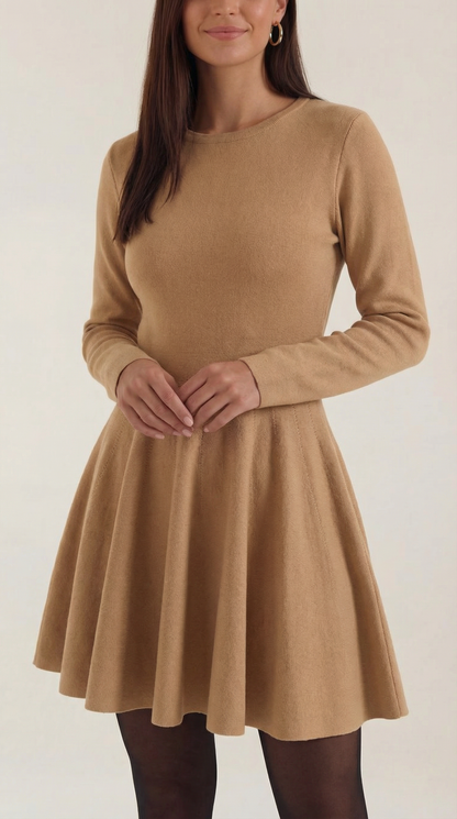 Robe Mini Élégante Plissée Femme – Manches Longues Col Rond