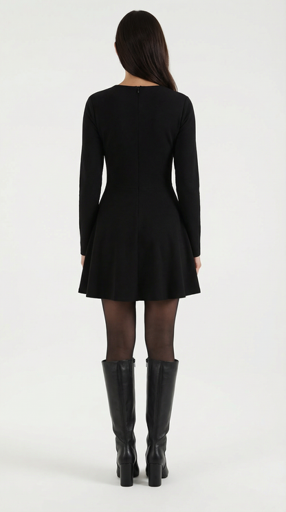 Robe Mini Élégante Plissée Femme – Manches Longues Col Rond