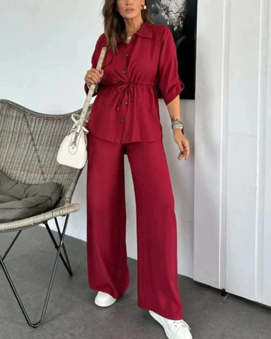 Ensemble deux pièces léger et élégant femme – Haut ajustable à nouer et pantalon large, confort au quotidien