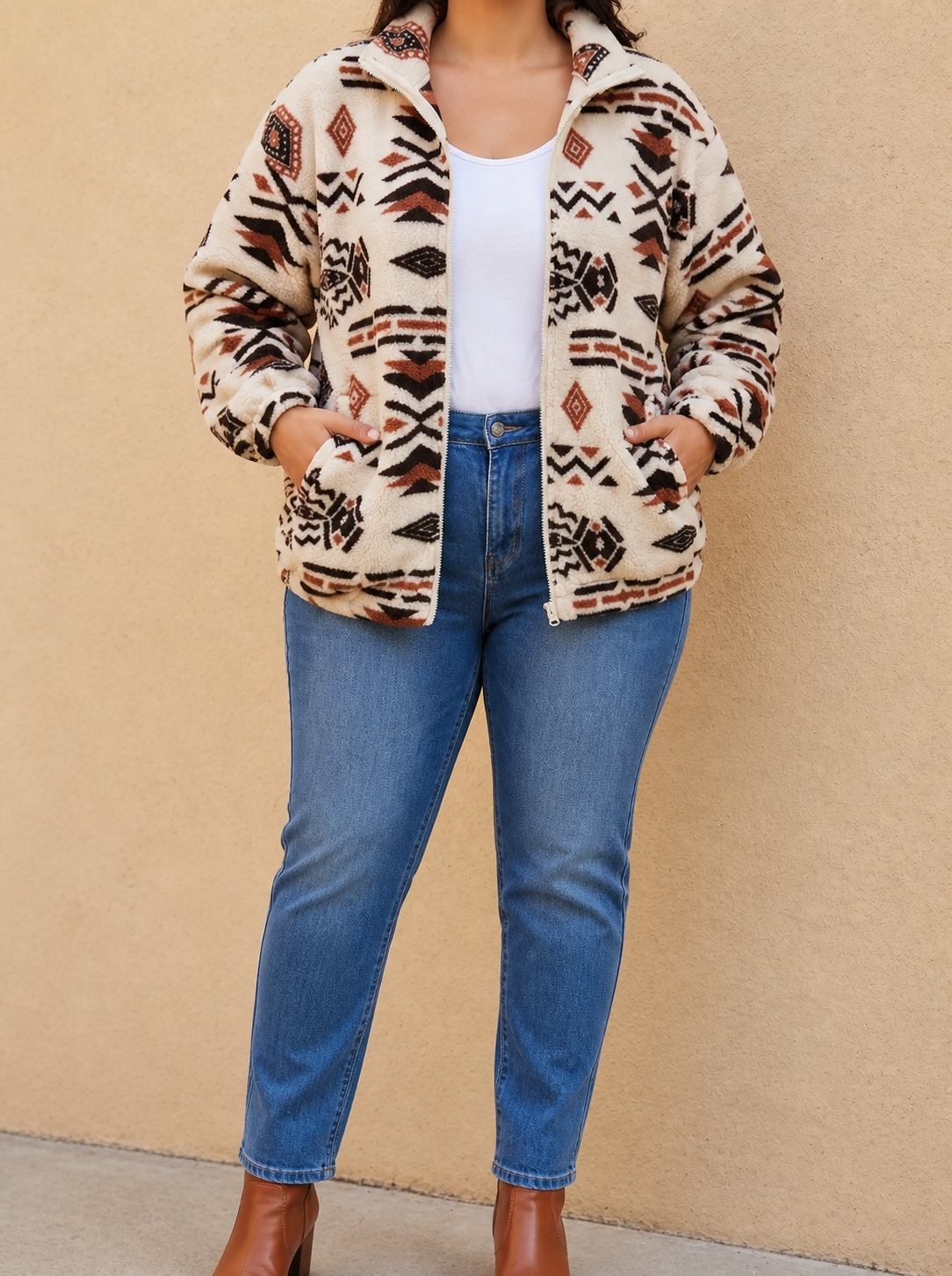 Veste sherpa aztèque zippée femme - Chaude et douce