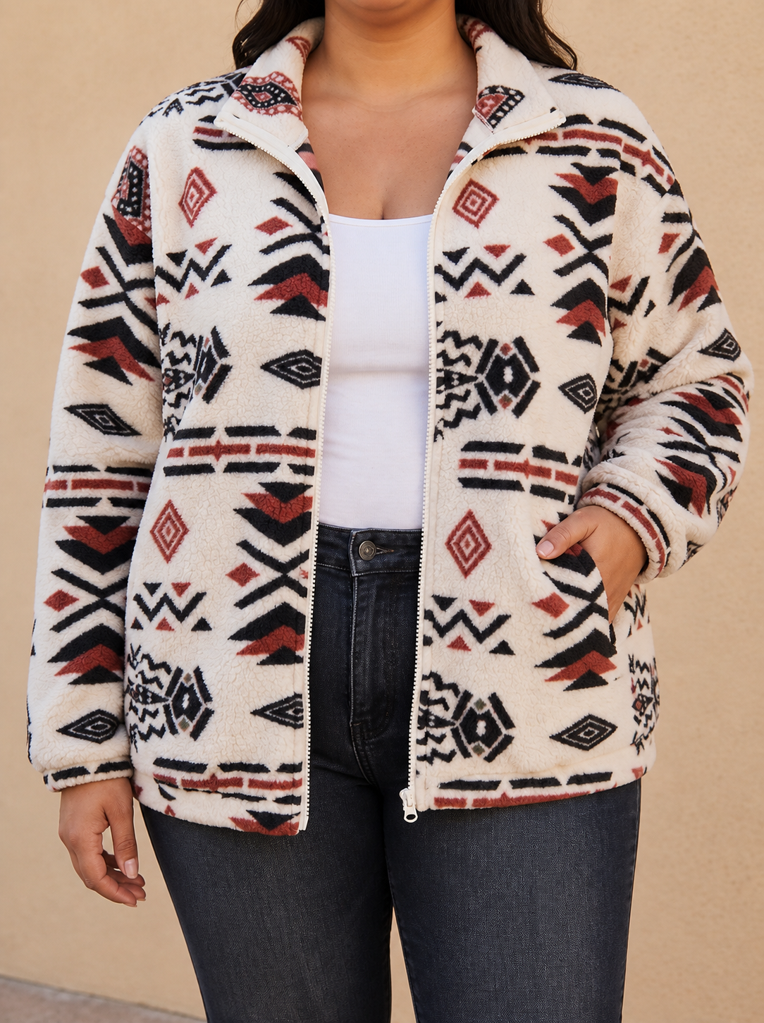 Veste sherpa aztèque zippée femme - Chaude et douce