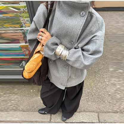 Manteau élégant femmes mélange de laine avec boutons – Vêtement d'hiver à col montant