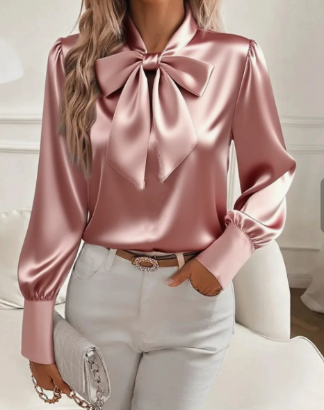 Blusa elegante con cuello de lazo para mujer – Top chic de satén con mangas largas