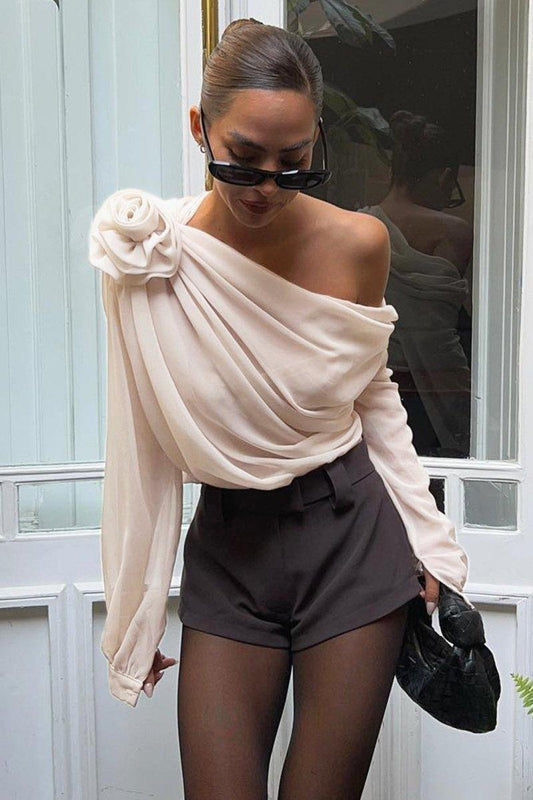 Chemisier Élégant à Fleurs pour Femme – Haut Asymétrique à Manches Longues