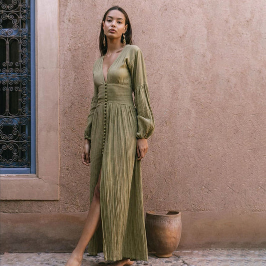Robe longue maxi bohème à col en V pour femme – Style plage fluide et décontracté