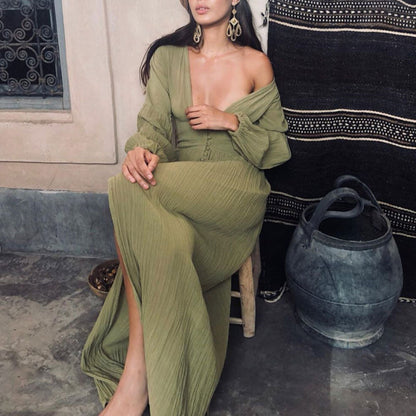 Robe longue maxi bohème à col en V pour femme – Style plage fluide et décontracté