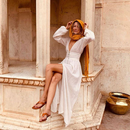 Robe longue maxi bohème à col en V pour femme – Style plage fluide et décontracté