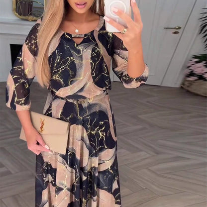 Abito maxi bohémien floreale da donna con maniche a tre quarti – Fluido ed elegante