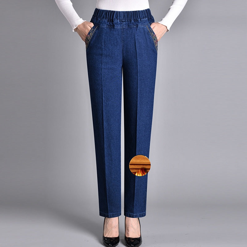 Jean Femme Droite Stylé – Taille Élastique et Poches en Denim