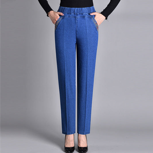 Jean Femme Droite Stylé – Taille Élastique et Poches en Denim