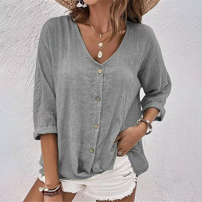 Chemise Décontractée à Col V pour Femme – Haut Boutonné à Manches Longues Uni