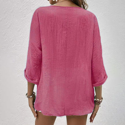 Chemise Décontractée à Col V pour Femme – Haut Boutonné à Manches Longues Uni