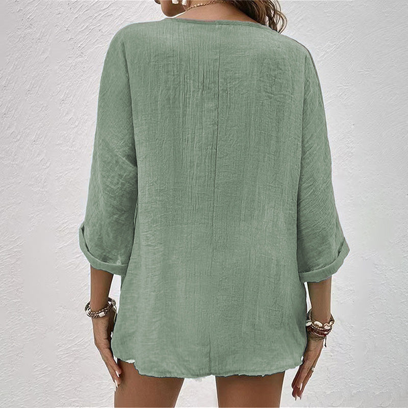 Chemise Décontractée à Col V pour Femme – Haut Boutonné à Manches Longues Uni