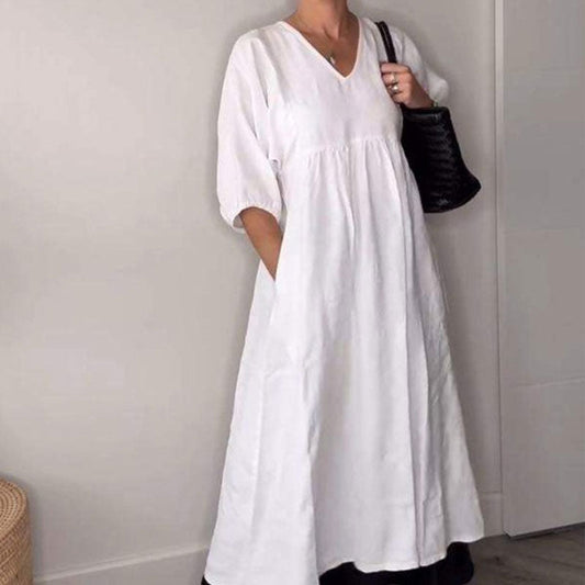 Robe midi femme col V confortable – Chic et fluide