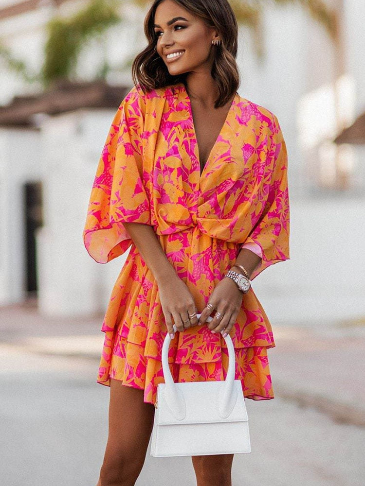 Women's summer dress with V-neck, elegant cut - Flowing and flattering