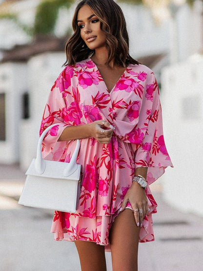 Women's summer dress with V-neck, elegant cut - Flowing and flattering
