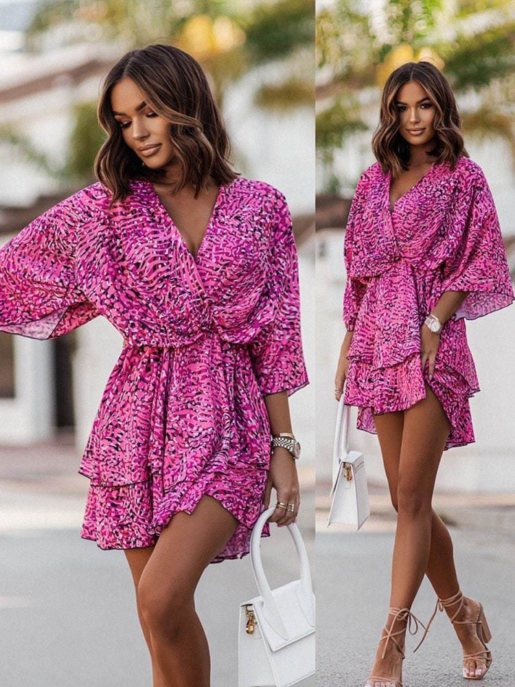 Women's summer dress with V-neck, elegant cut - Flowing and flattering