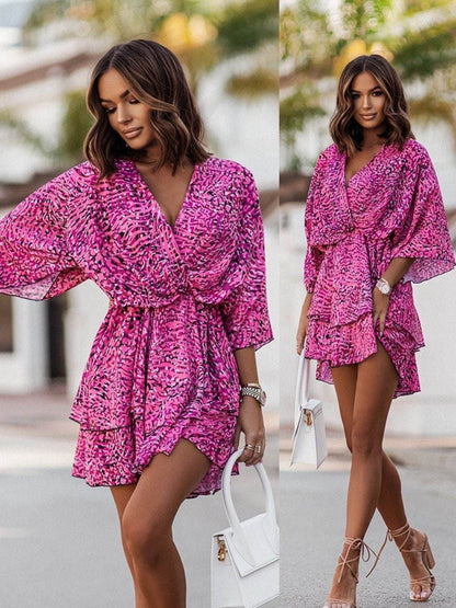 Women's summer dress with V-neck, elegant cut - Flowing and flattering