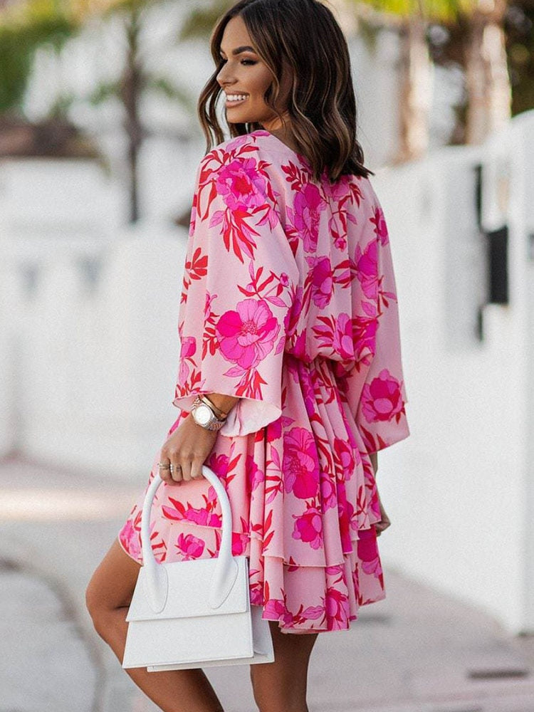 Women's summer dress with V-neck, elegant cut - Flowing and flattering