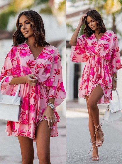 Women's summer dress with V-neck, elegant cut - Flowing and flattering