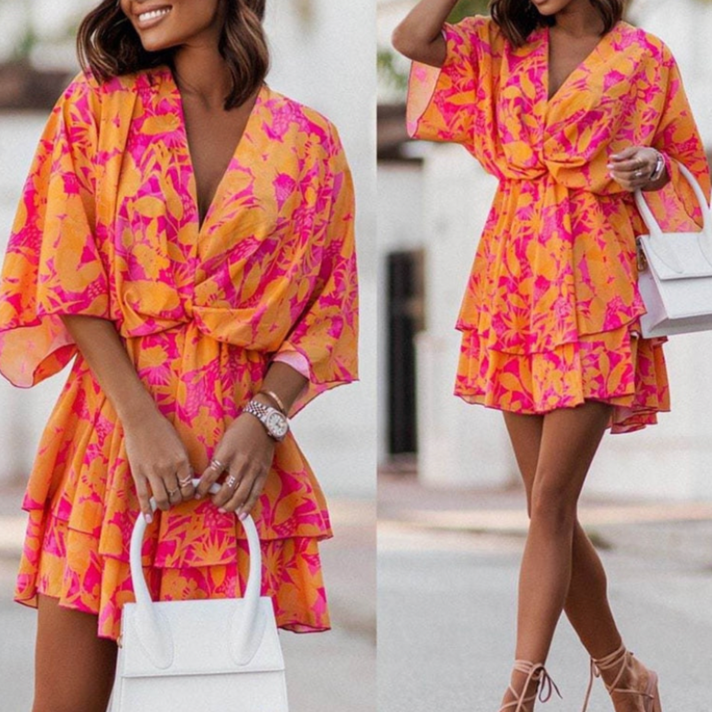 Women's summer dress with V-neck, elegant cut - Flowing and flattering
