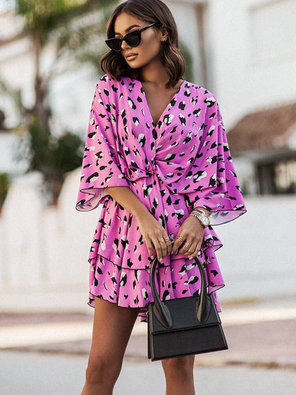 Women's summer dress with V-neck, elegant cut - Flowing and flattering