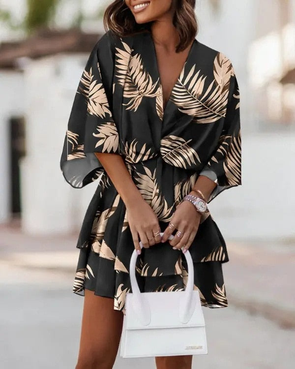 Women's summer dress with V-neck, elegant cut - Flowing and flattering