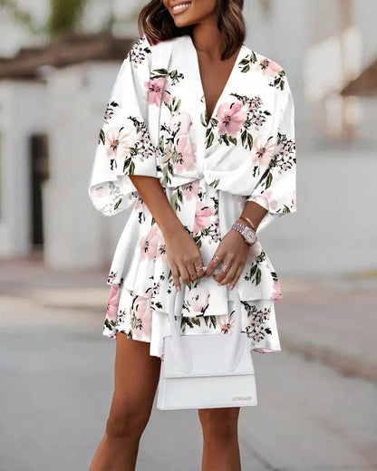 Women's summer dress with V-neck, elegant cut - Flowing and flattering