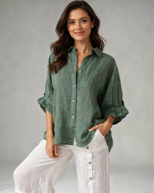 Oversized Cotton-Linen Blouse – Casual Long-Sleeve Women's Top