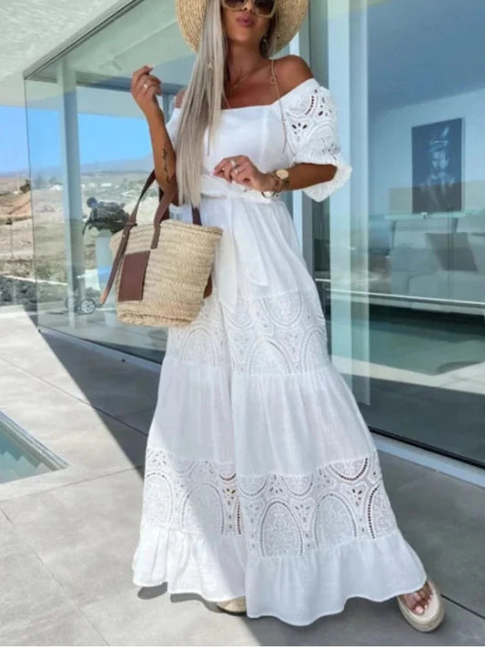 Robe maxi Ibiza en dentelle blanche style hippie femme