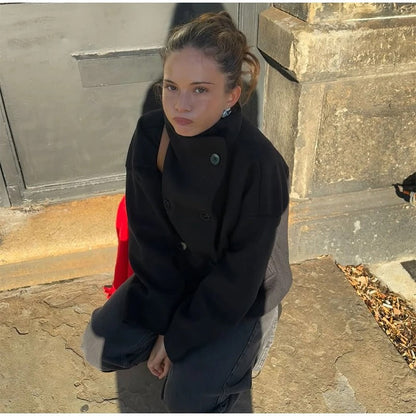 Manteau élégant femmes mélange de laine avec boutons – Vêtement d'hiver à col montant